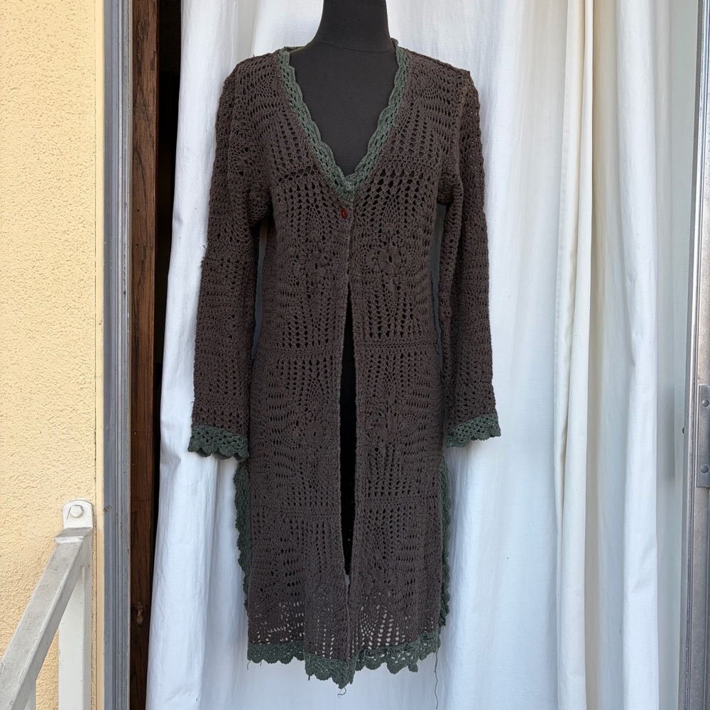 Vintage 90s Marisol Brown & Green Crochet Duster Cardigan, Boho Festival